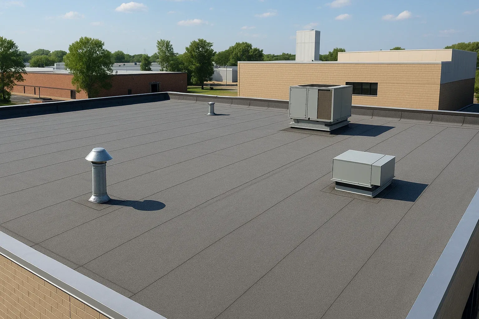 Modified bitumen flat roof installed by RISE Roofing in Houston TX